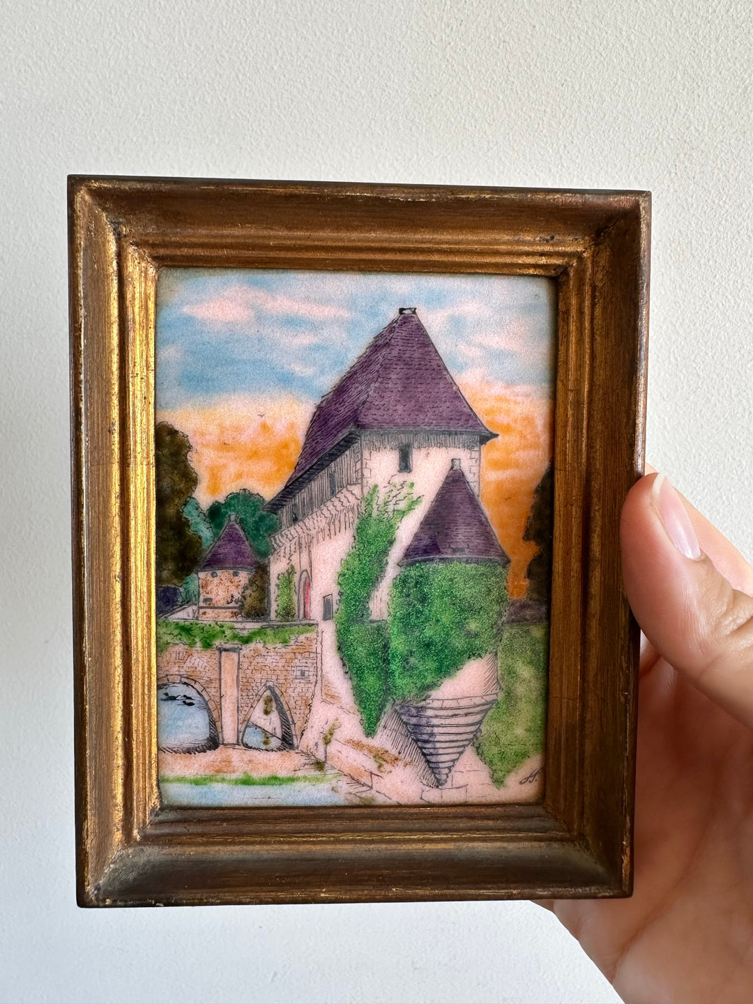 Miniatures email grand feu château cadre mordoré rectangulaire taille M