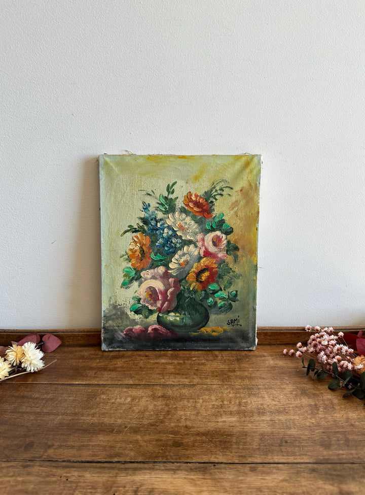 Peinture Bouquet de fleurs sur toile fond jaune signée