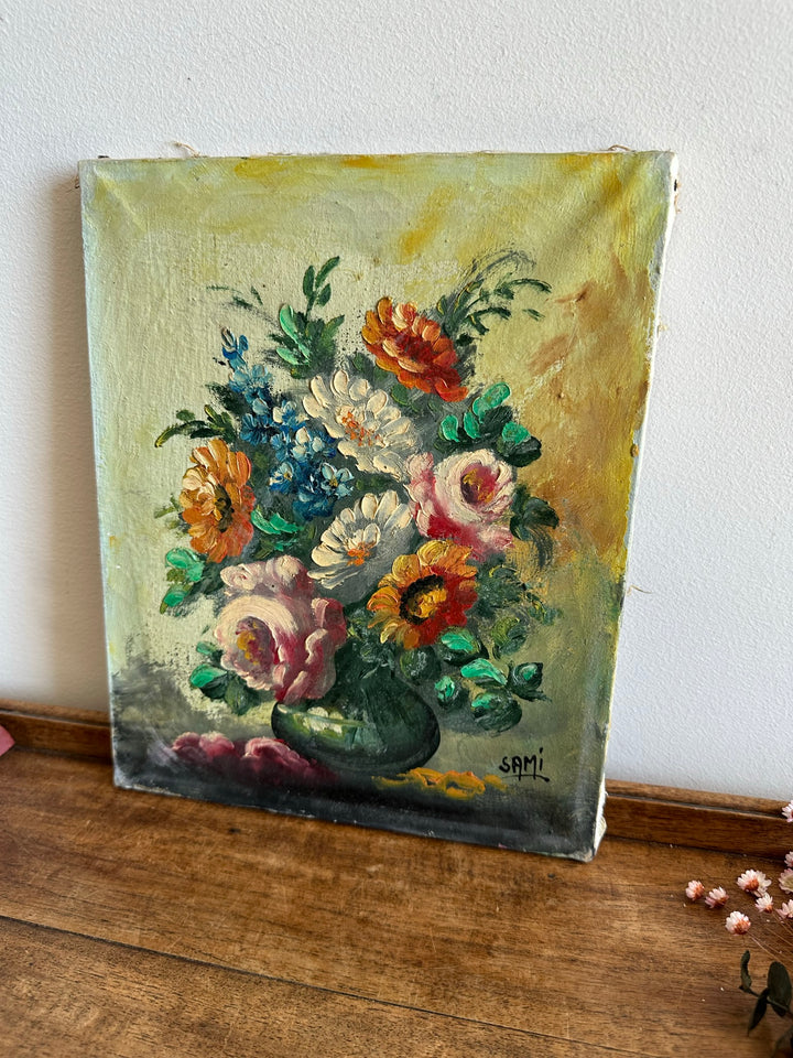 Peinture Bouquet de fleurs sur toile fond jaune signée