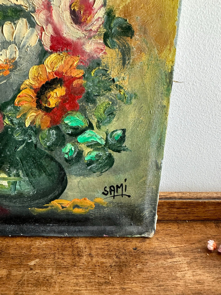 Peinture Bouquet de fleurs sur toile fond jaune signée