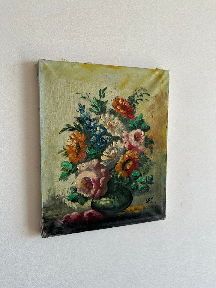 Peinture Bouquet de fleurs sur toile fond jaune signée
