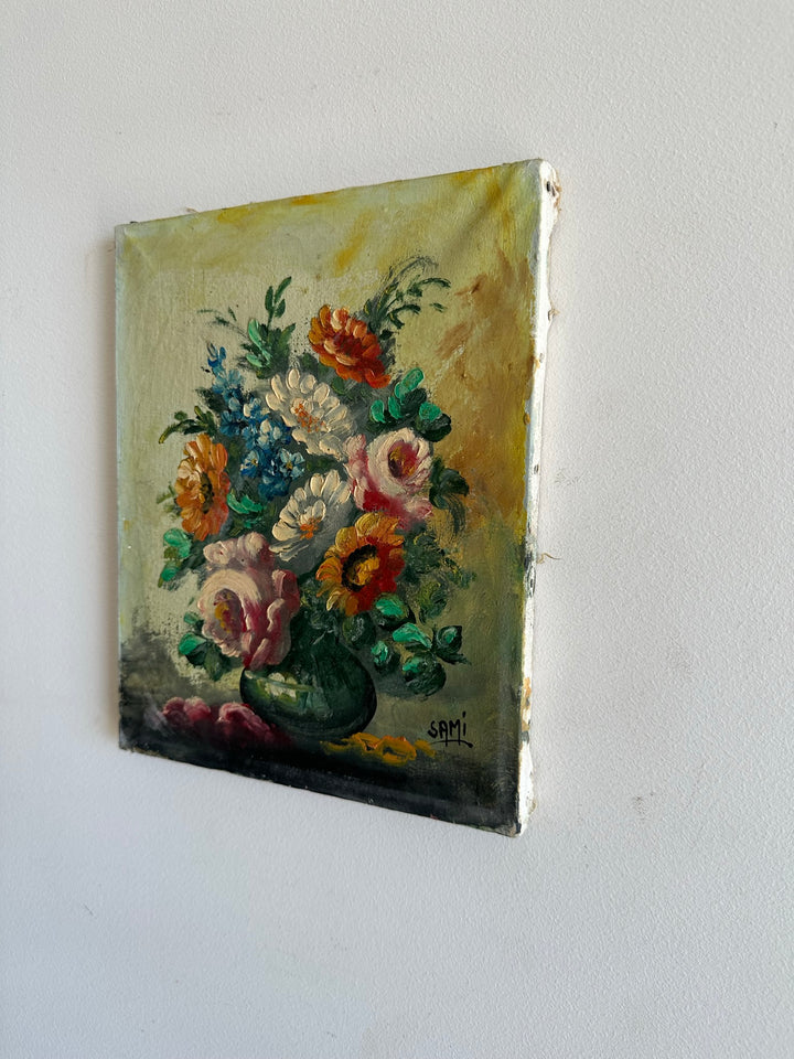 Peinture Bouquet de fleurs sur toile fond jaune signée