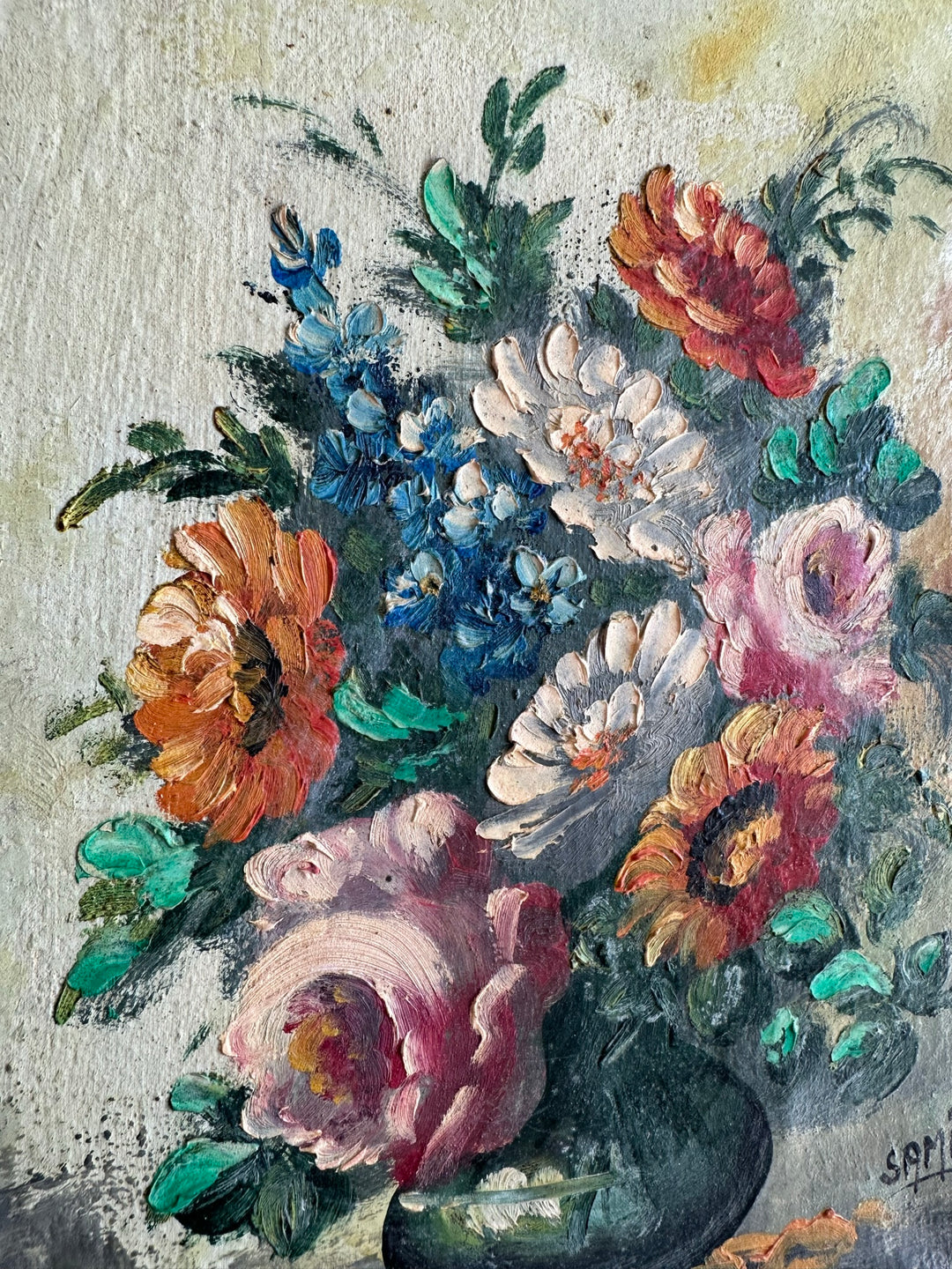 Peinture Bouquet de fleurs sur toile fond jaune signée