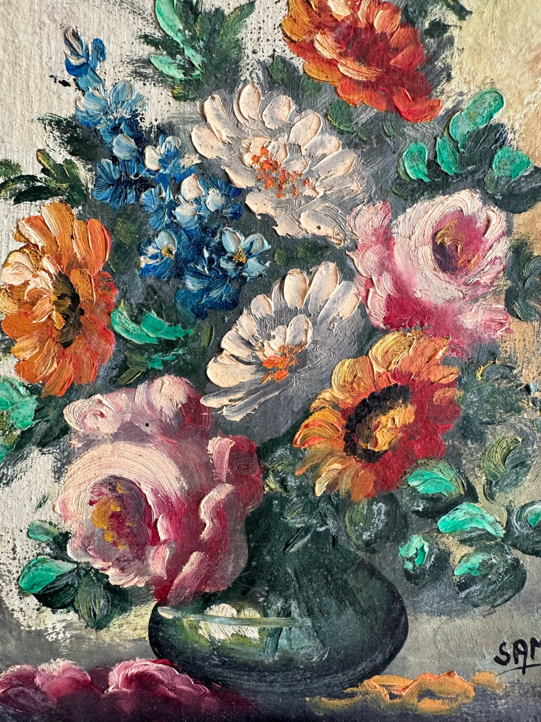 Peinture Bouquet de fleurs sur toile fond jaune signée