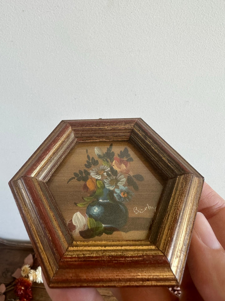 Peinture bouquet de fleurs dans cadre héxagonal