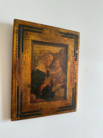 Icône religieuse style florentin  La Vierge l'enfant et deux anges dans cadre en bois doré liseré bleu