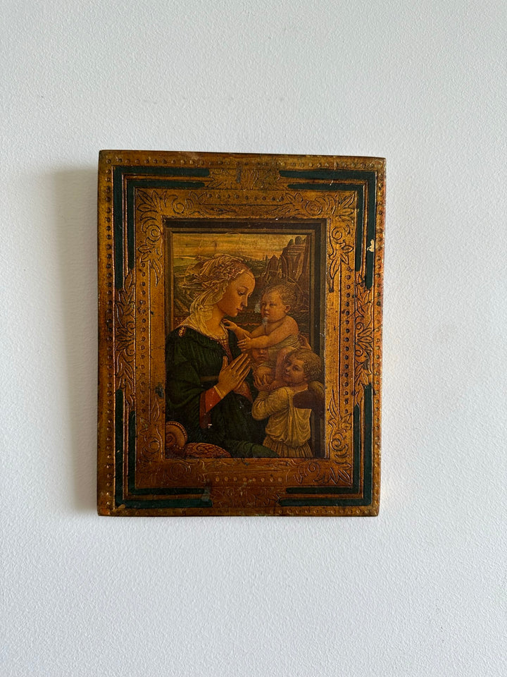 Icône religieuse style florentin  La Vierge l'enfant et deux anges dans cadre en bois doré liseré bleu