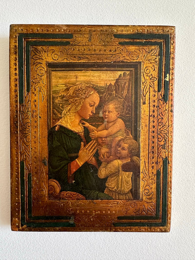 Icône religieuse style florentin  La Vierge l'enfant et deux anges dans cadre en bois doré liseré bleu