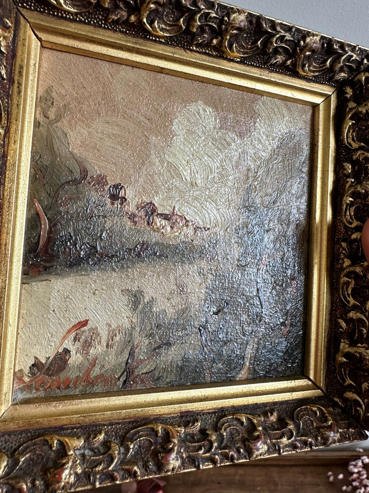 Peinture impressionniste village et rivière dans cadre en bois doré moulé