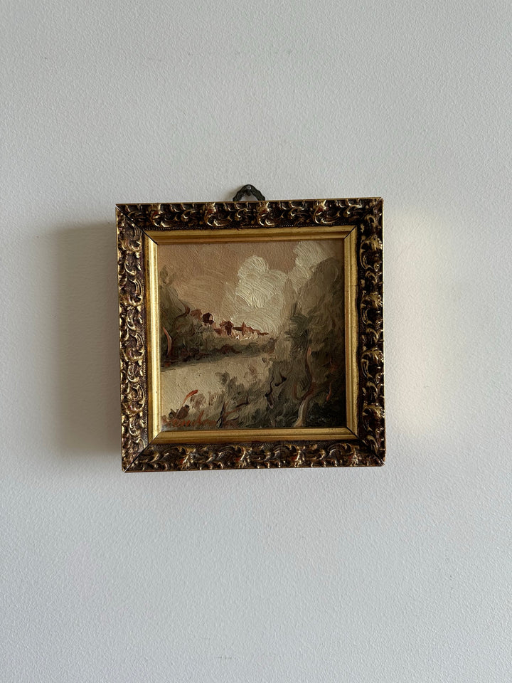 Peinture impressionniste village et rivière dans cadre en bois doré moulé