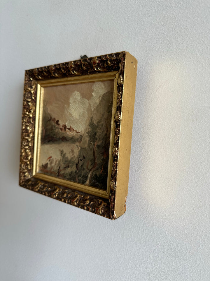 Peinture impressionniste village et rivière dans cadre en bois doré moulé