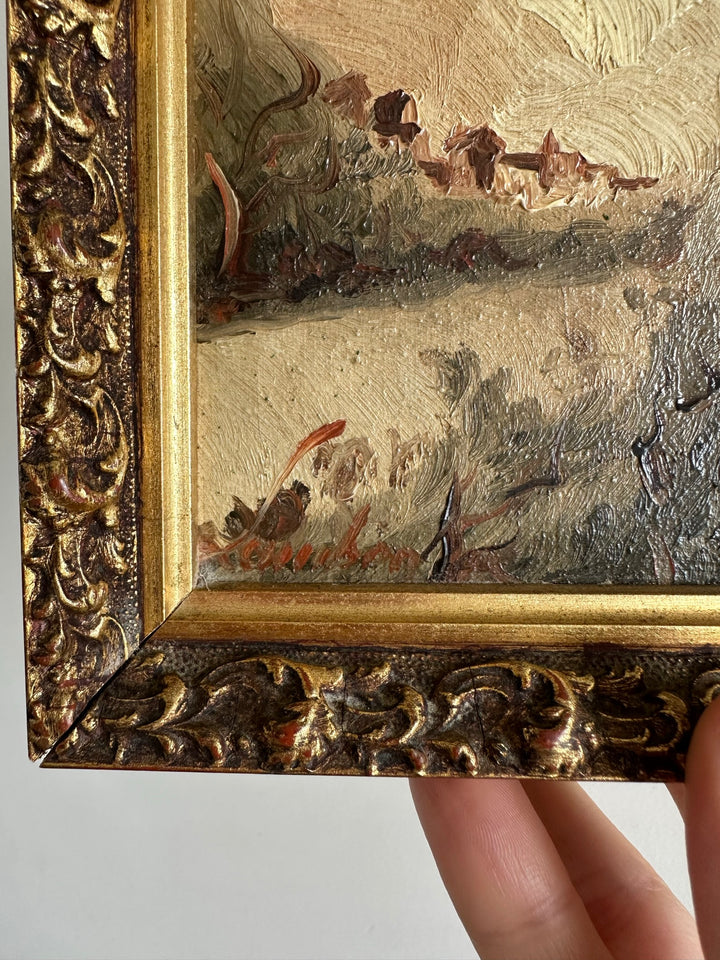 Peinture impressionniste village et rivière dans cadre en bois doré moulé