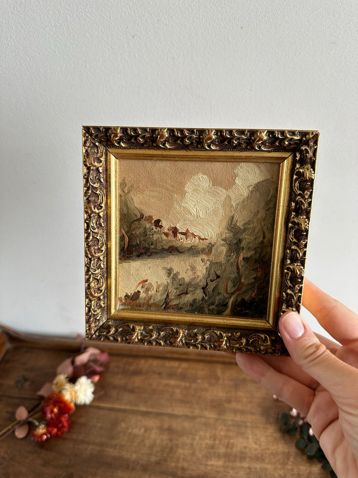 Peinture impressionniste village et rivière dans cadre en bois doré moulé