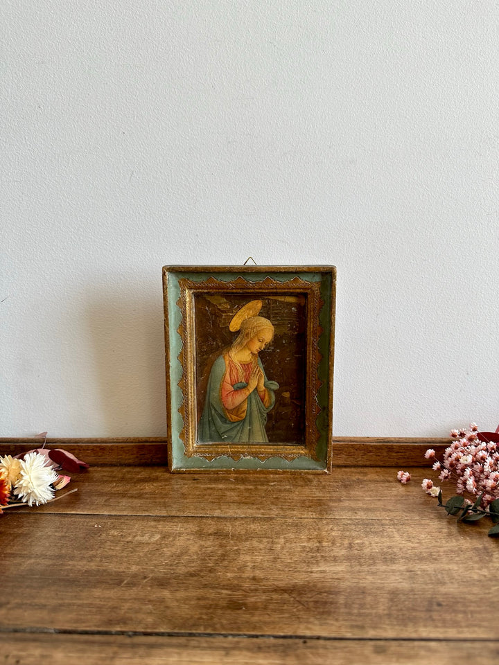 Icône religieuse la Vierge qui prie cadre en bois or et turquoise