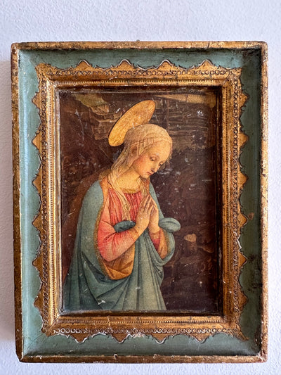 Icône religieuse la Vierge qui prie cadre en bois or et turquoise