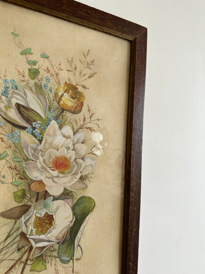 Aquarelle magnolia signée encadrée années 40-50