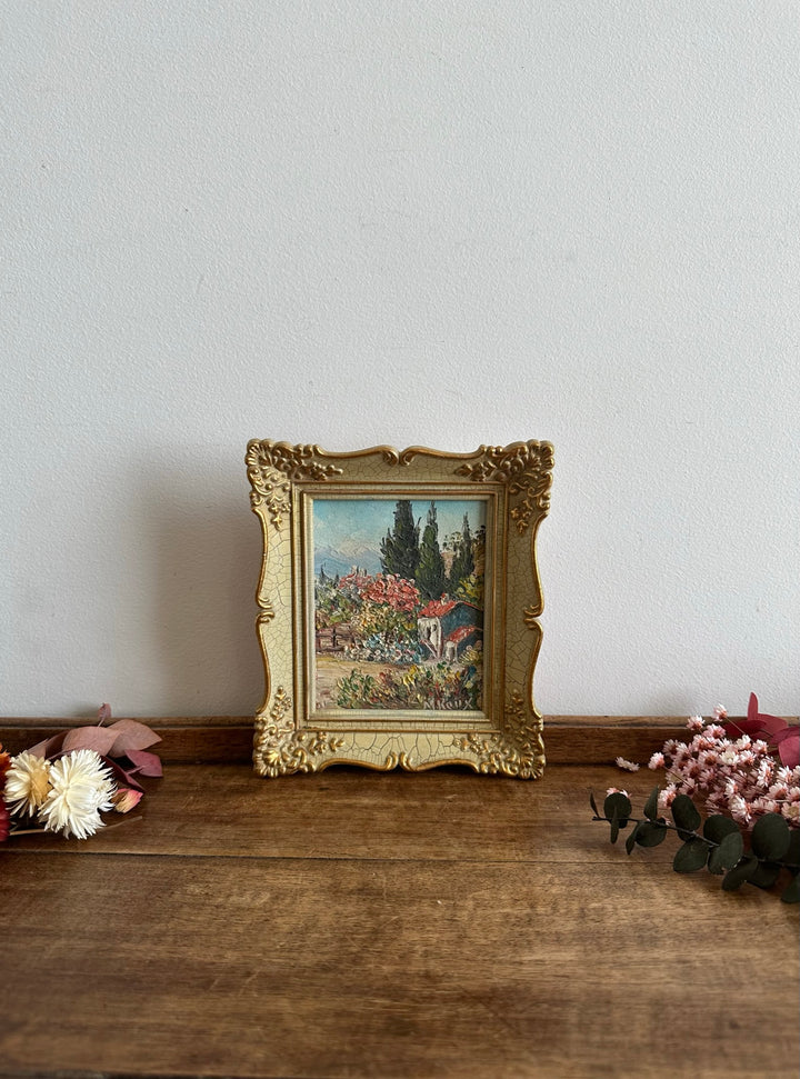 Peinture champêtre signée dans cadre rococo effet craquelé