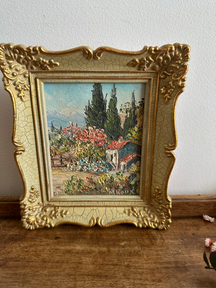 Peinture champêtre signée dans cadre rococo effet craquelé