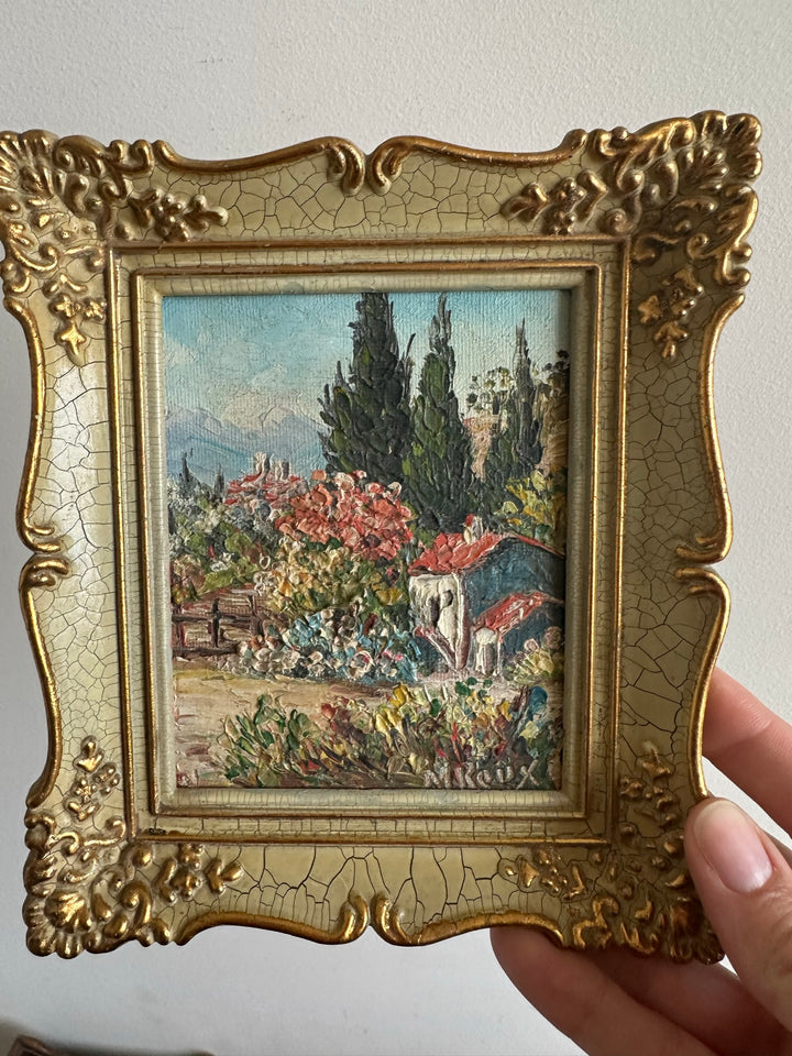 Peinture champêtre signée dans cadre rococo effet craquelé