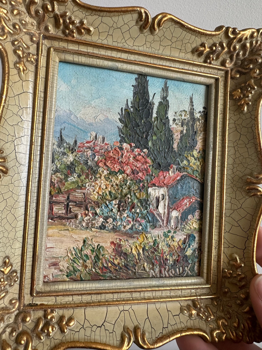 Peinture champêtre signée dans cadre rococo effet craquelé