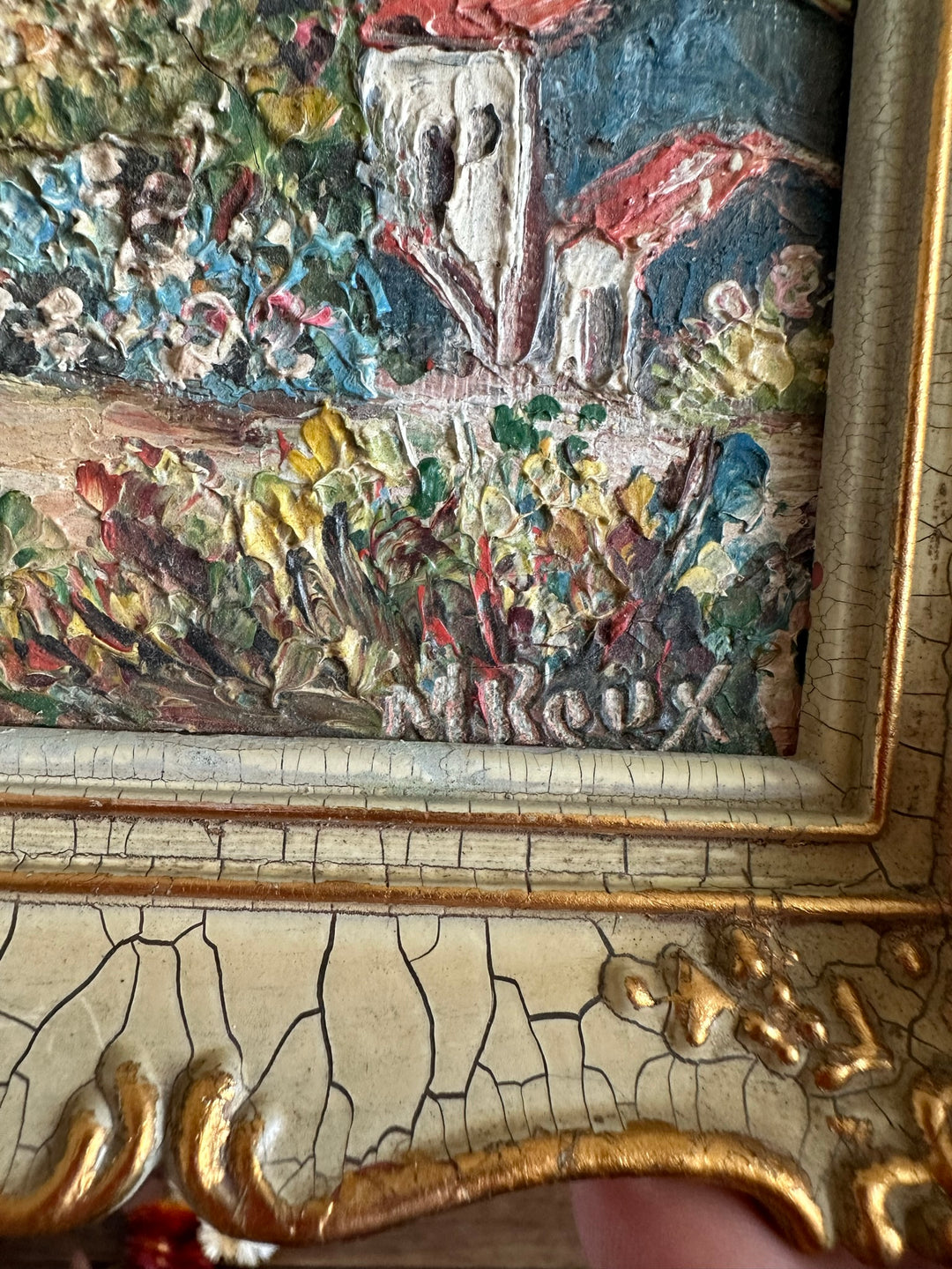 Peinture champêtre signée dans cadre rococo effet craquelé