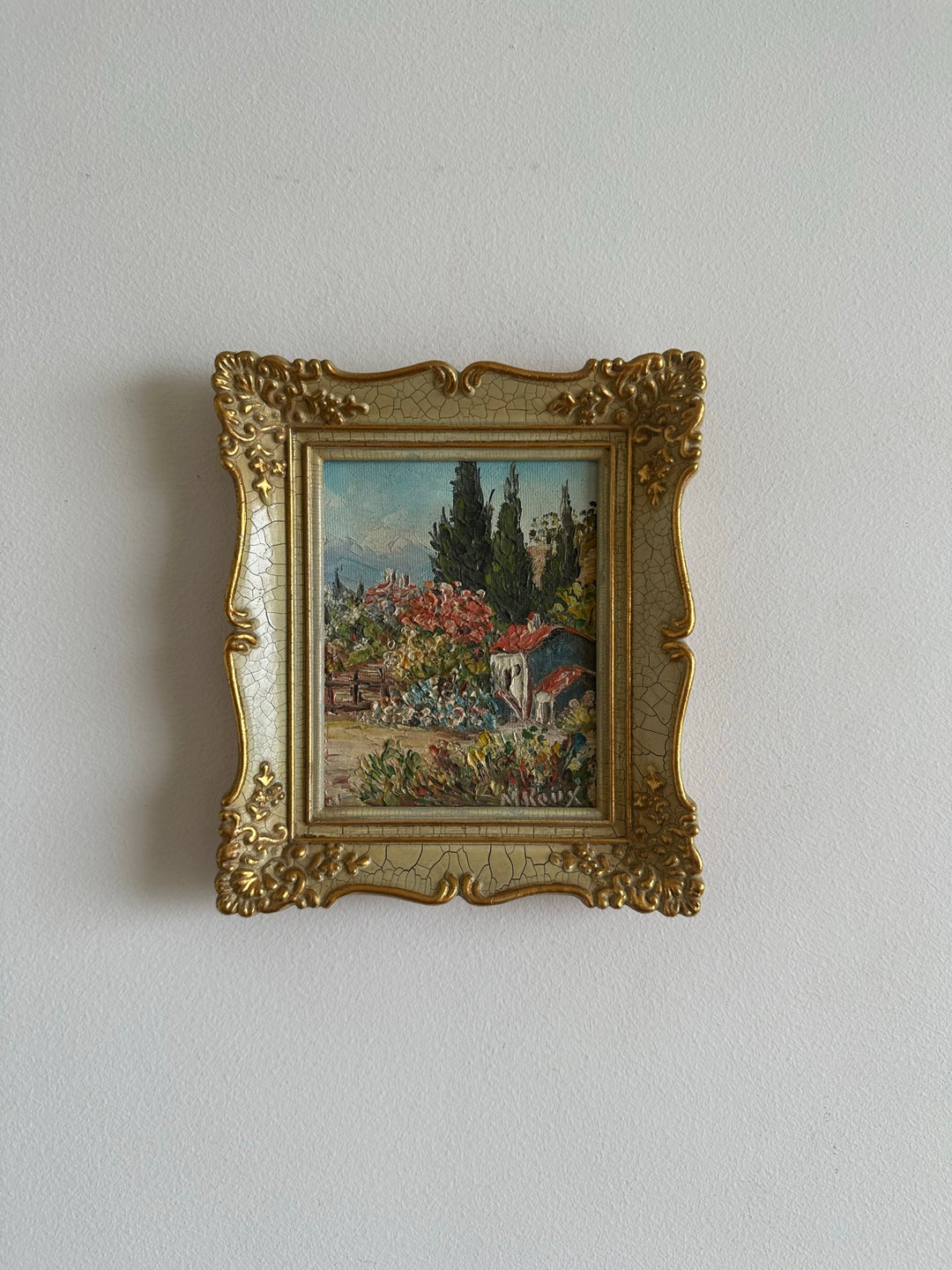 Peinture champêtre signée dans cadre rococo effet craquelé