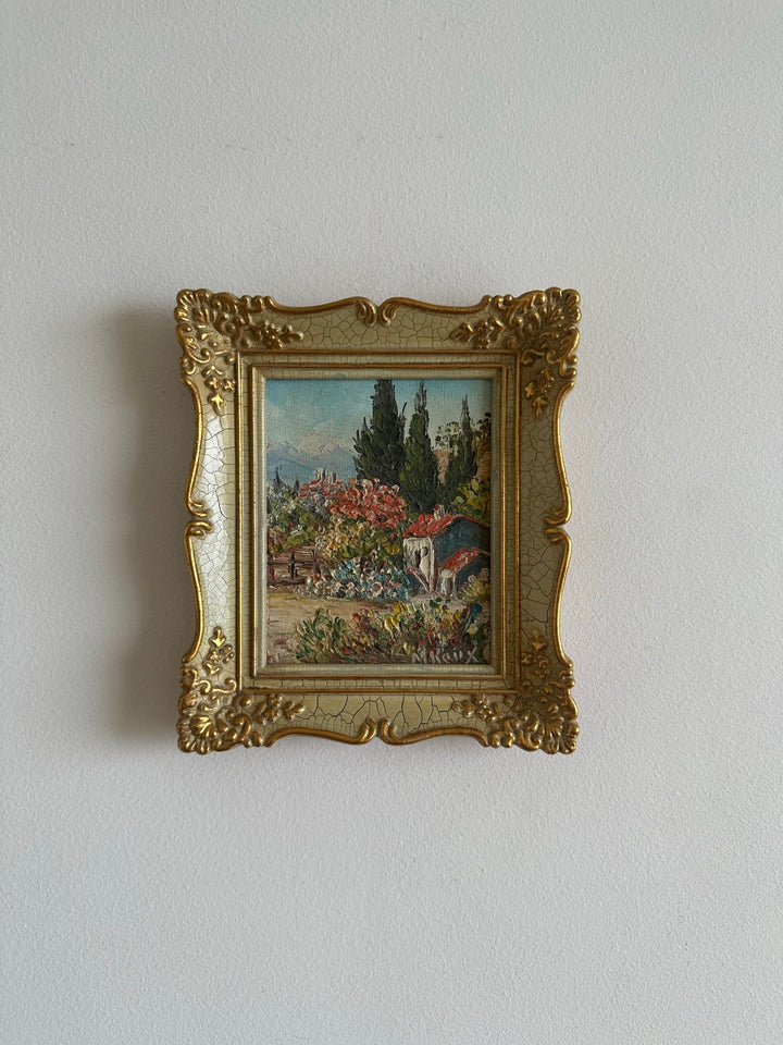 Peinture champêtre signée dans cadre rococo effet craquelé