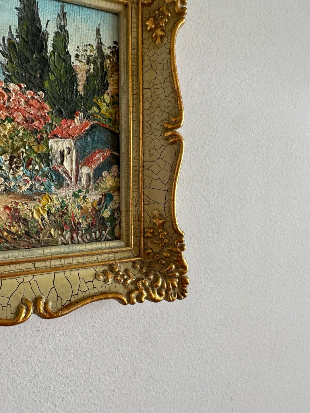 Peinture champêtre signée dans cadre rococo effet craquelé