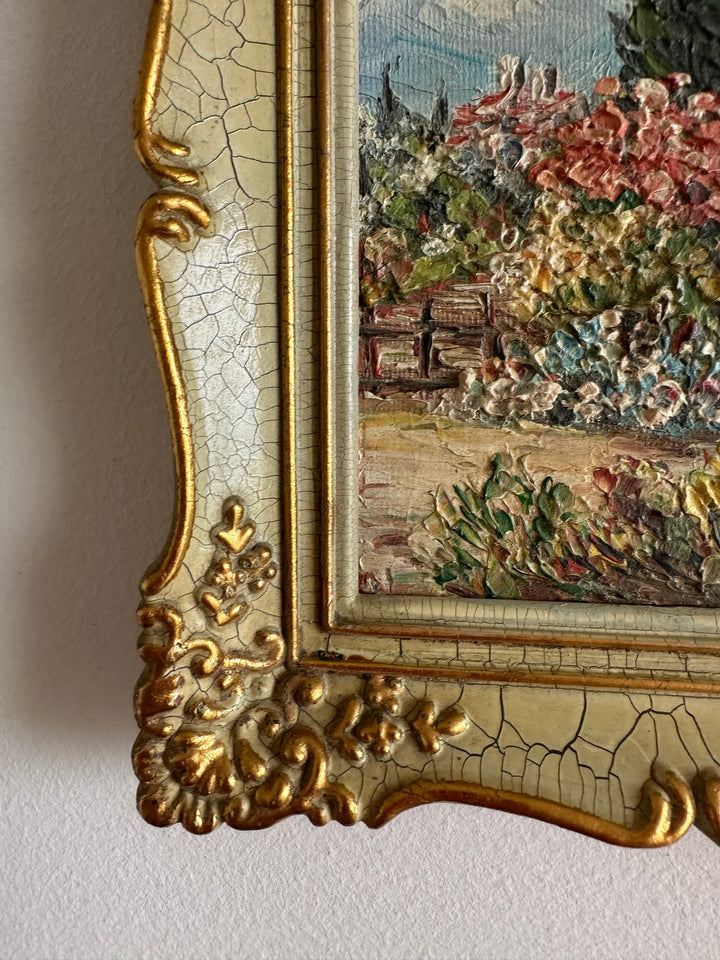 Peinture champêtre signée dans cadre rococo effet craquelé
