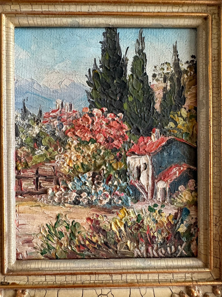 Peinture champêtre signée dans cadre rococo effet craquelé