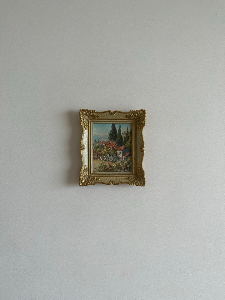 Peinture champêtre signée dans cadre rococo effet craquelé