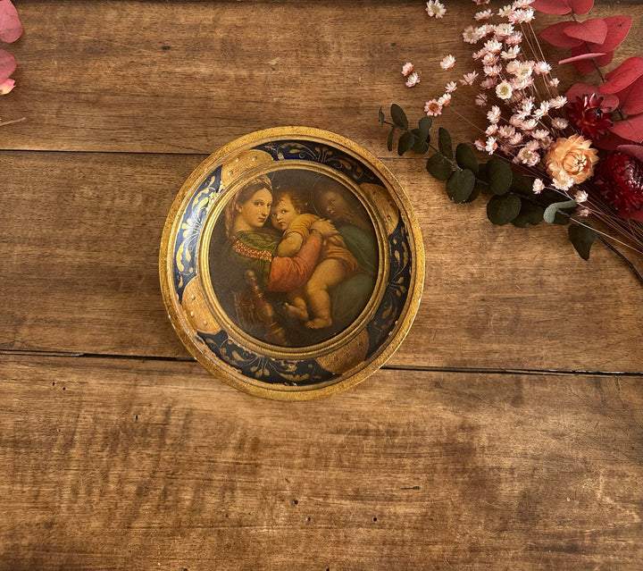 Médaillon en bois florentin rond bleu et or La Vierge à la chaise