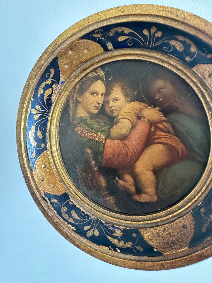 Médaillon en bois florentin rond bleu et or La Vierge à la chaise