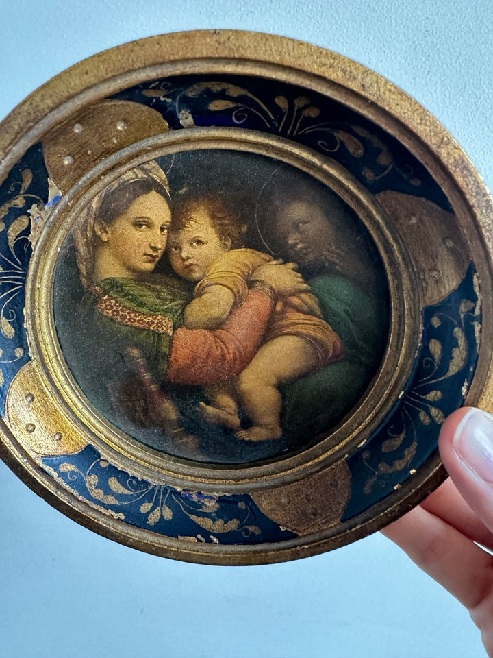 Médaillon en bois florentin rond bleu et or La Vierge à la chaise