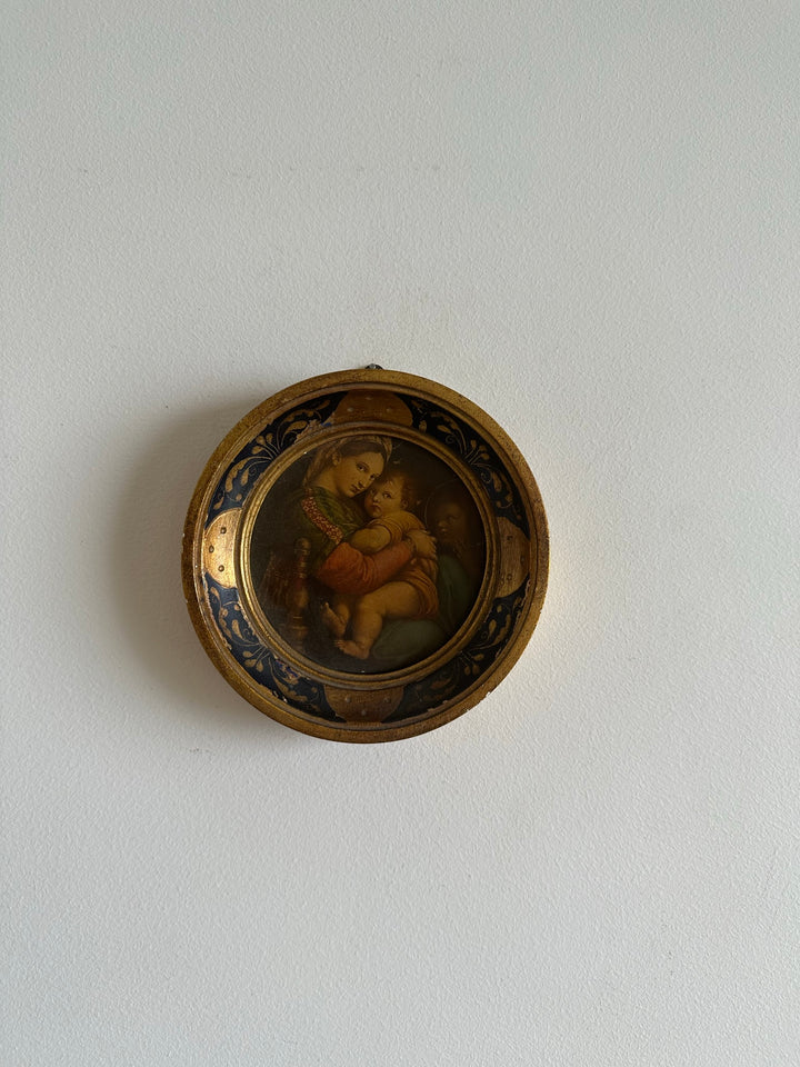 Médaillon en bois florentin rond bleu et or La Vierge à la chaise