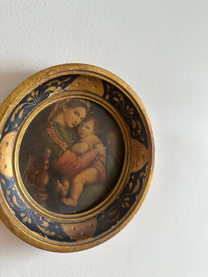 Médaillon en bois florentin rond bleu et or La Vierge à la chaise