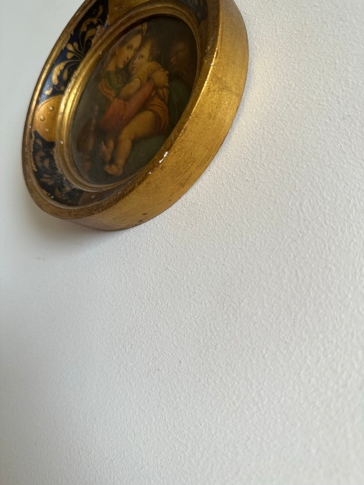 Médaillon en bois florentin rond bleu et or La Vierge à la chaise