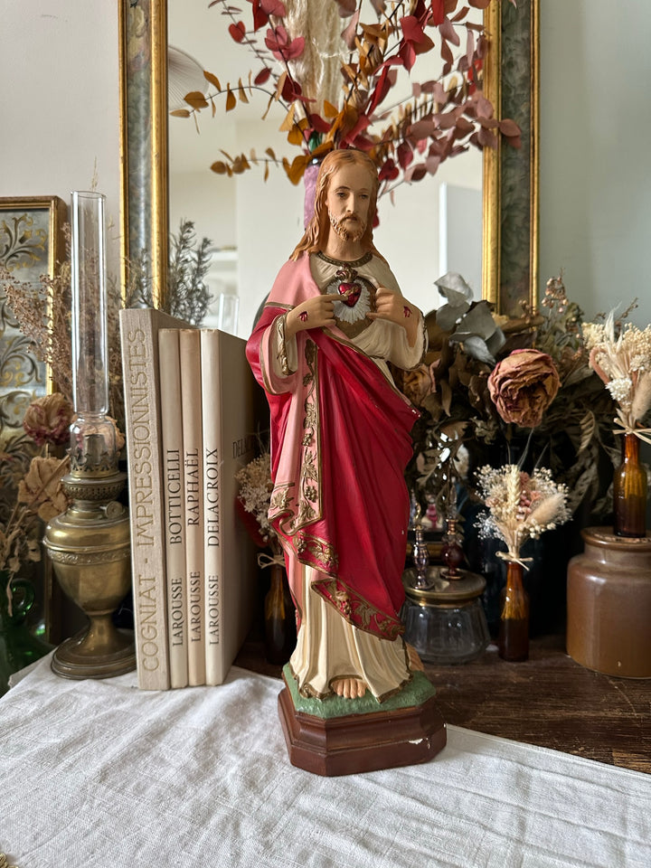Jésus christ Sacré cœur en plâtre grand format années 50