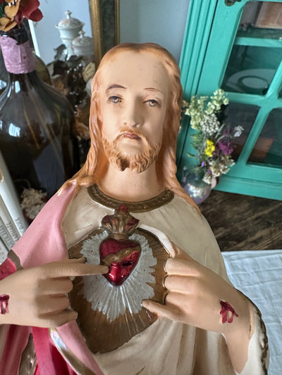 Jésus christ Sacré cœur en plâtre grand format années 50