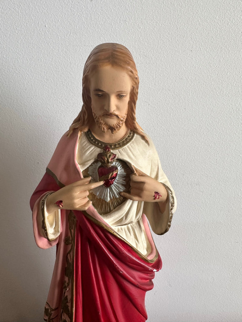 Jésus christ Sacré cœur en plâtre grand format années 50