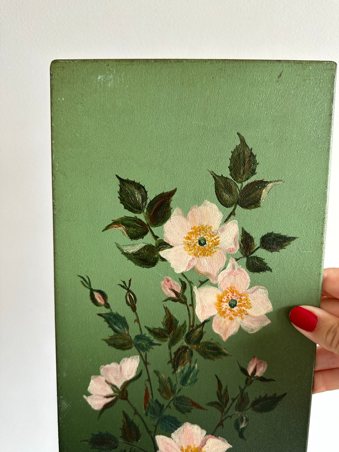 Peintures florales sur tôle fond vert