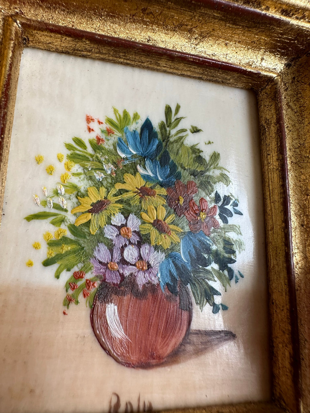 Peinture bouquet de fleurs signée encadrée taille S