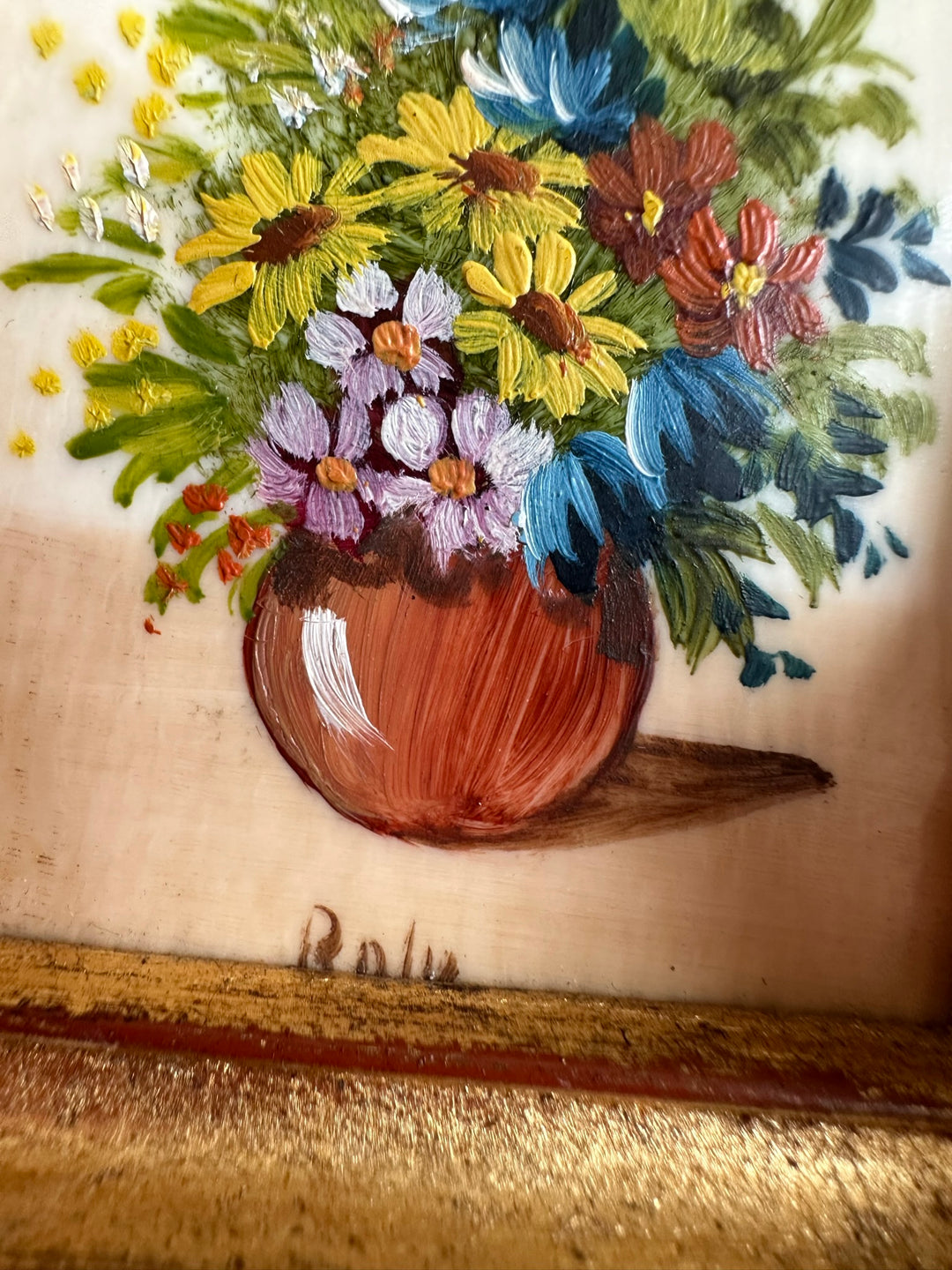 Peinture bouquet de fleurs signée encadrée taille S