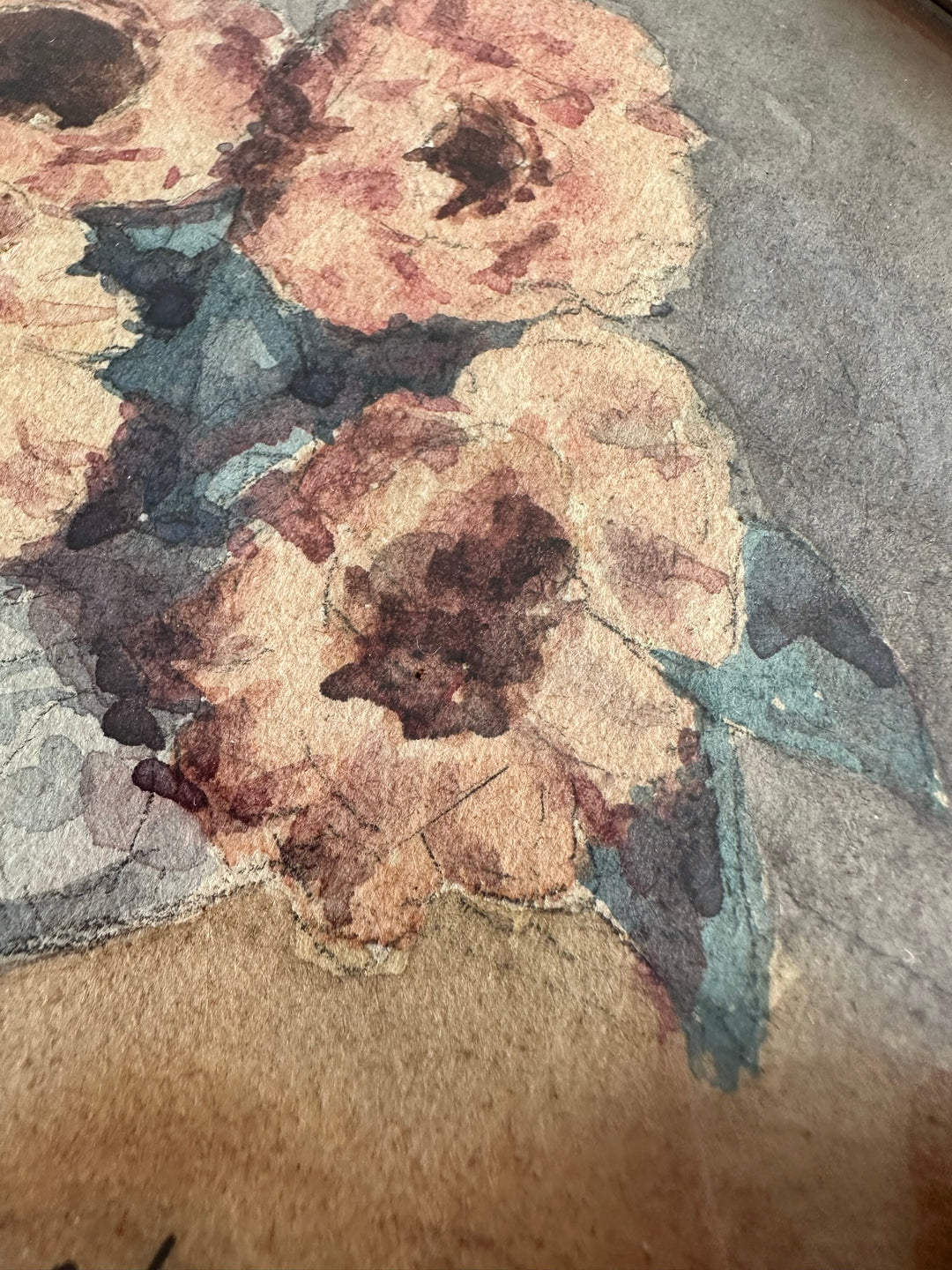 Peinture fleurs roses pâles signée dans cadre ovale en bois début XXème