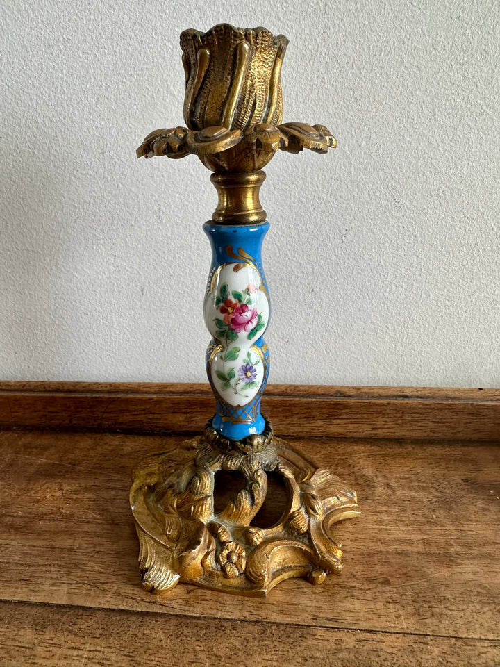 Bougeoir en bronze et porcelaine peinte XIXème
