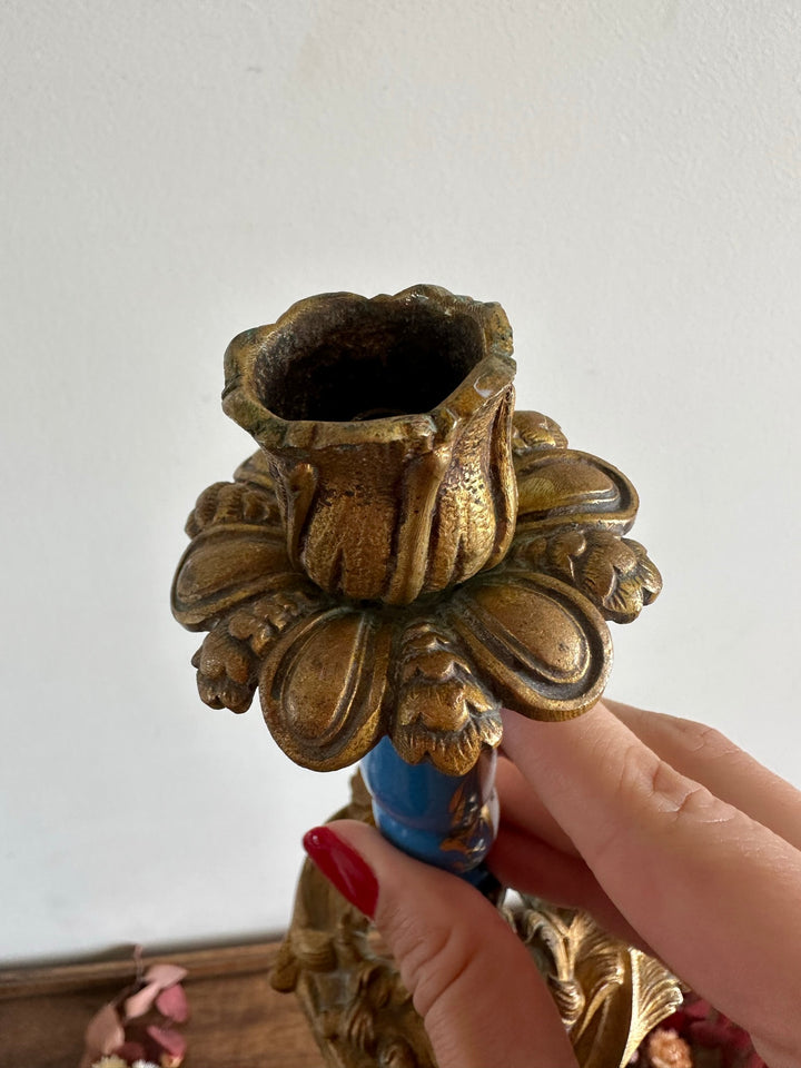 Bougeoir en bronze et porcelaine peinte XIXème