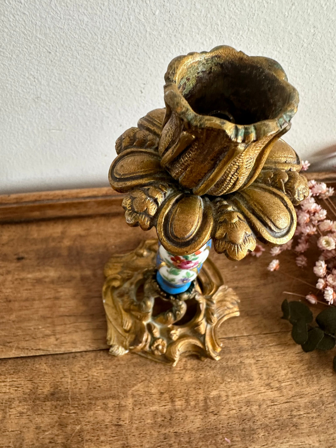 Bougeoir en bronze et porcelaine peinte XIXème