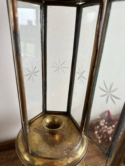 Lanterne à bougie en laiton vitre gravée XIX ème