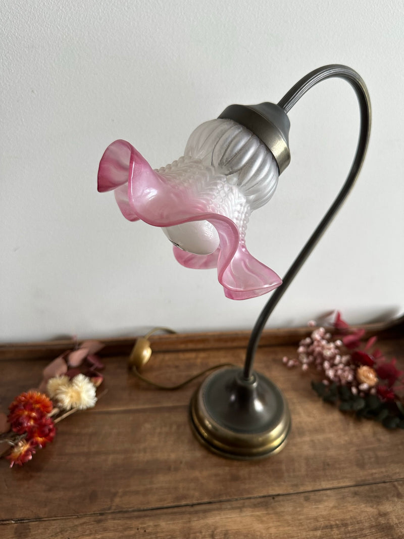 Lampe col de cygne globe en verre dépoli rose