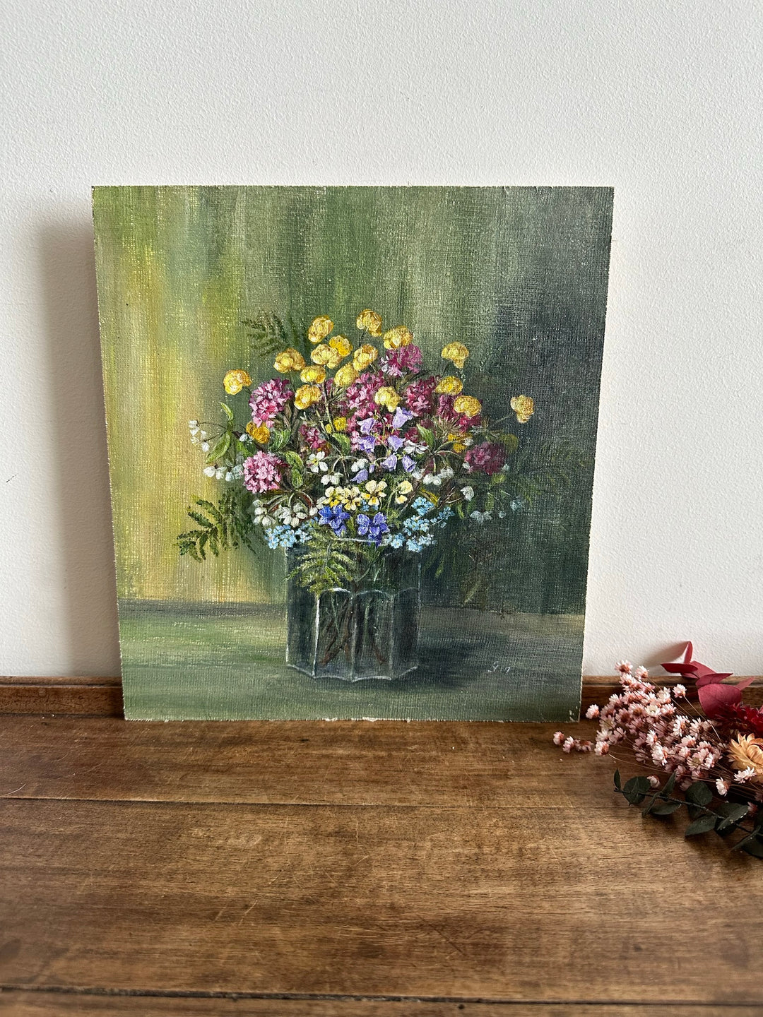 Peinture bouquet de fleurs sur toile signée fleurs roses jaunes et violettes